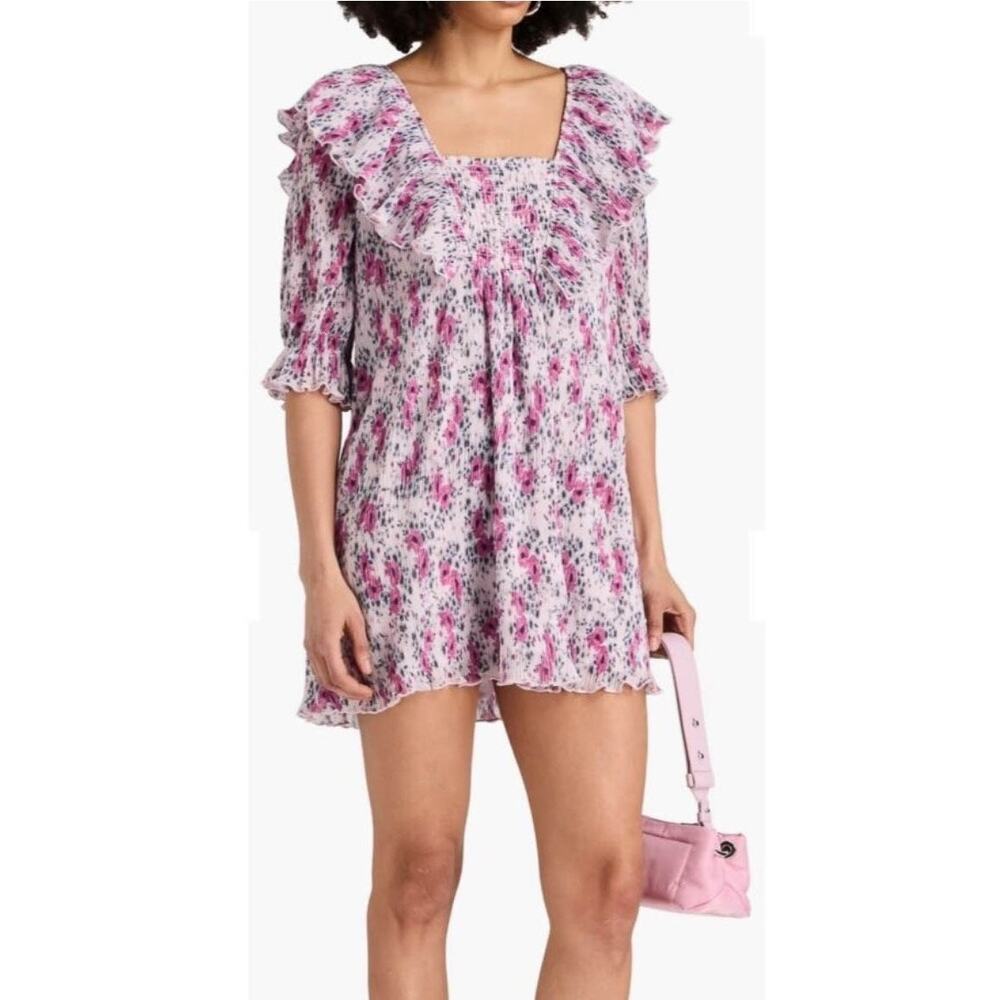 GANNI Georgette Babydoll Mini Dress pink floral smocked cottagecore softgirl